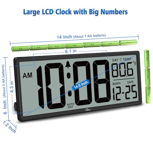 14.5'' Large Digital Wall Clock Battery Operated | Jumbo Numbers, Temperature and Date, Easy to Read and Set, Auto DST, Large Display for Garage, Office, Classroom - color: Black