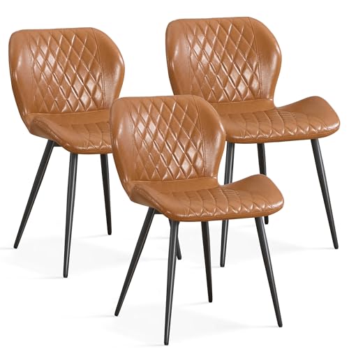 Dining Chairs Set of 3, Comfy Modern Dining Chairs with Thick Cushions, Upholstered Faux Leather Kitchen Side Chairs with Adjustable Metal Legs for Dining Room (Caramel) - color: Caramel, size: Set of 3