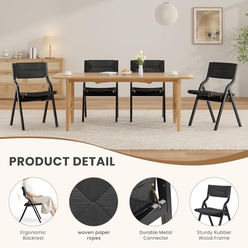 Wood Folding Chairs Set of 4, Foldable Chairs Wooden Indoor Stackable Dining Chairs for Kitchen & Dining Room Chair Woven Seat & Webbing Back