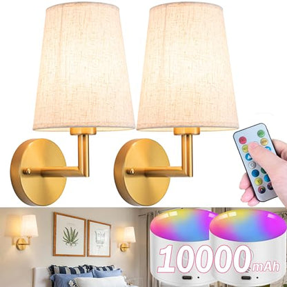 Wall Sconce Battery Operated Wall Light Fixure with Remote Control, Dimmable Battery Operated Wall Sconces Set Of Two, Indoor Wireless Wall Mounted Lamp with Rechargable Bulb For Bedroom Living Room ( - color: Bronze-SetOfTwo