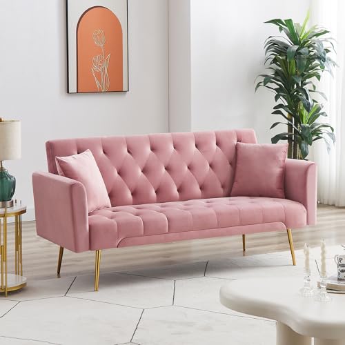 Anwick 72''Modern Velvet Sofa Bed Futon,Convertible Folding Sleeper Couches with 3 Adjustable Backrests,Tufted Recliner Loveseat with Golden Chrome Legs for Living Room Apartment Office (Pink) - color: Pink+pillows