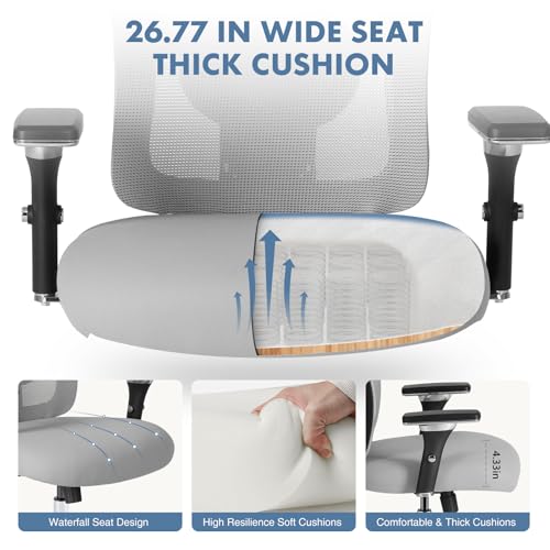 DUMOS Big and Tall Office Desk Chair, 500lbs Heavy Duty Mesh Chair | Ergonomic 4D Armrest, Comfortable Lumbar Support, Wide Seat, 360° Swivel Rolling Wheels, Adult, Grey - color: Light Grey