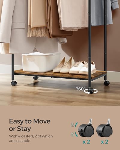 SONGMICS Clothes Rack with Wheels, Double-Rod Clothing Rack for Hanging Clothes, 38.8 Inches Garment Rack with Shelf, Loads up to 220 lb, for Bedroom, Closet, Rustic Brown and Ink Black UHSR152B01 | Clothing Rack for Hanging Clothes, 38.8 Inches, Loads up