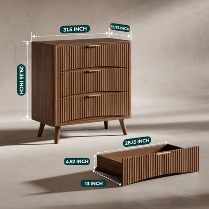 Evermagin 31.5" W Oversized Nightstands Set of 2 with 3 Drawers | Walnut Fluted Nightstand, Tall Large 3 Drawer Bedside Table, Mid Century Modern Side Table for Bedroom, livingroom - color: Walnut, size: 15.78"D x 31.5"W x 29.35"H (3 Drawers)