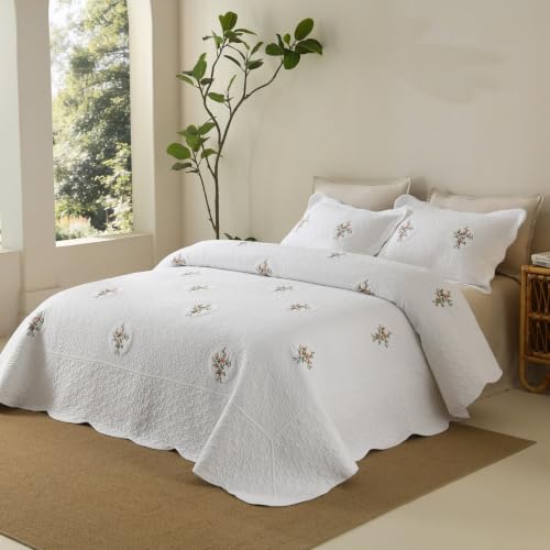 MarCielo 3pcs Cotton Quilt Set White Rose Bouquet | Embroidered Bedspread Lightweight All Season Quilted Bedding - color: White Rose Bouquet, size: Queen (98" x 90")