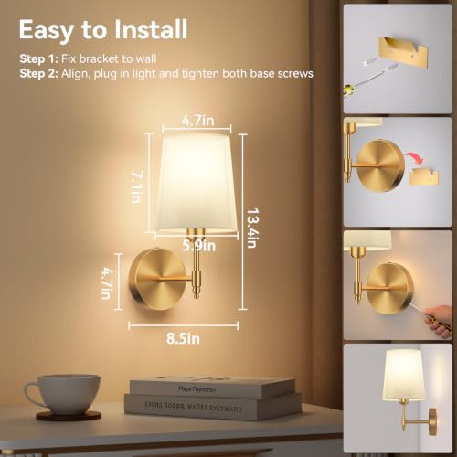 Battery Operated Wall Sconces Set of 2, Wireless Rechargeable Dimmable Wall Light with 15000mAh RGB Bulb and Remote for Bedroom, Living Room, Hallway, Gold, 13.4in | Wireless Rechargeable 3 Color Temperature Dimmable Magnetic Bulb Wall Light for Bedroom,