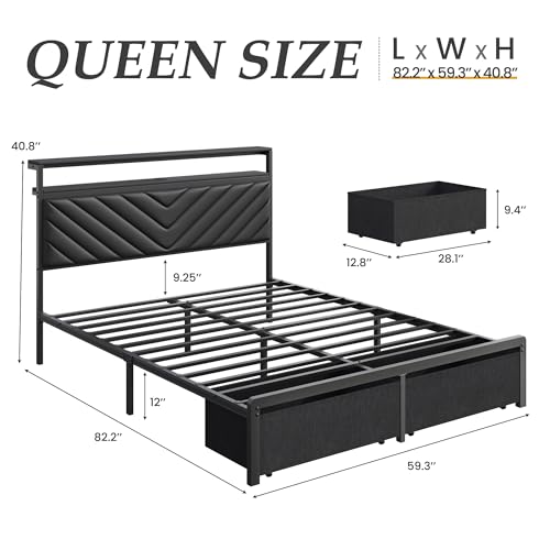 Queen Bed Frame with Upholstered Headboard, 2 Storage Drawers,Easy Assembly | Metal Platform with LED Lights, Charging Station, 2 Storage Shleves, No Box Spring Needed, Noise Free, Black - color: Black, size: Queen