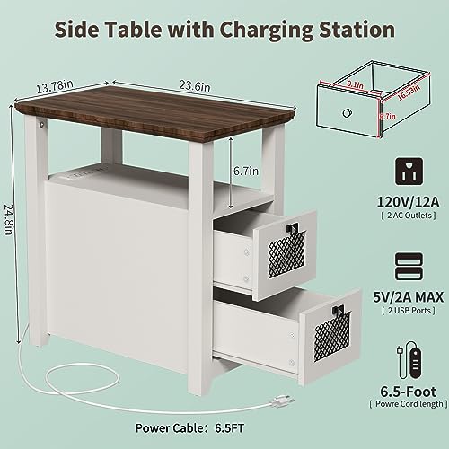 HDDDZSW Farmhouse XXL End Table with Charging Station, Narrow Side Table with USB Ports and Outlets, Nightstand with 2 Drawers Storage, Bedside Tables for Living Room, Bedroom, Rustic Walnut White - color: White