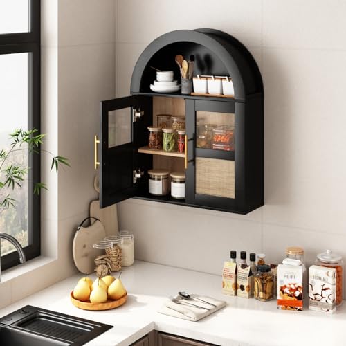 RUSTOWN Arched Bathroom Wall Cabinet with 2 Glass & Rattan Doors | Rattan Medicine Cabinet, Farmhouse Over the Toilet Storage Cabinet, Adjustable Shelves, 3-Tier Wall Mounted Cabinets - color: Rustic Black