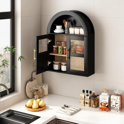 RUSTOWN Arched Bathroom Wall Cabinet with 2 Glass & Rattan Doors | Rattan Medicine Cabinet, Farmhouse Over the Toilet Storage Cabinet, Adjustable Shelves, 3-Tier Wall Mounted Cabinets - color: Rustic Black