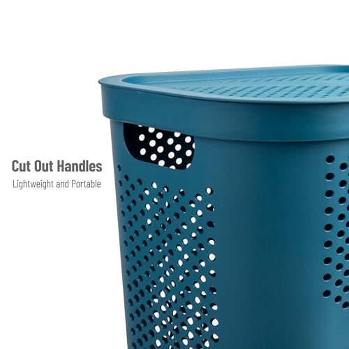 Mind Reader Slim Laundry Hamper with Lid, 60L Clothes Basket, Ventilated Plastic, Blue - color: Blue, size: Single