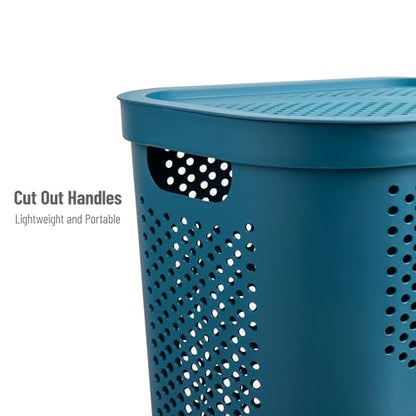 Mind Reader Slim Laundry Hamper with Lid, 60L Clothes Basket, Ventilated Plastic, Blue - color: Blue, size: Single
