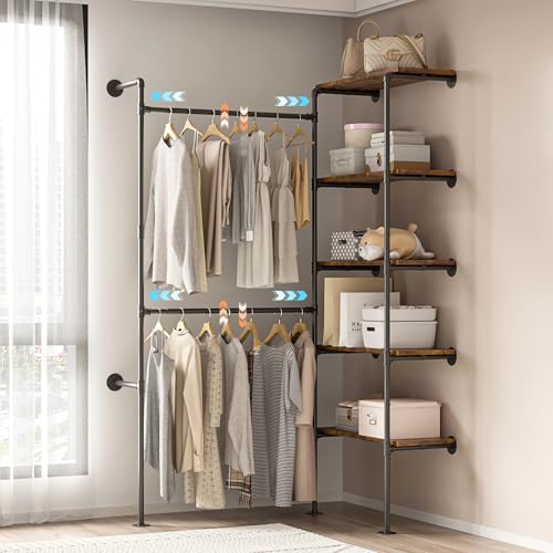 Expandable Industrial Pipe Clothes Rack,Corner Garment Rack | 2 Adjustable Rods& 5 Shelves, Heavy-Duty Iron Pipe Frame, Fits Bedroom & Laundry Room, Expands 48.4"–67.3"