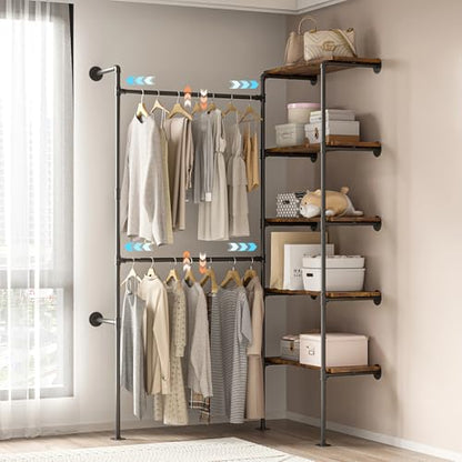 Expandable Industrial Pipe Clothes Rack,Corner Garment Rack | 2 Adjustable Rods& 5 Shelves, Heavy-Duty Iron Pipe Frame, Fits Bedroom & Laundry Room, Expands 48.4"–67.3"
