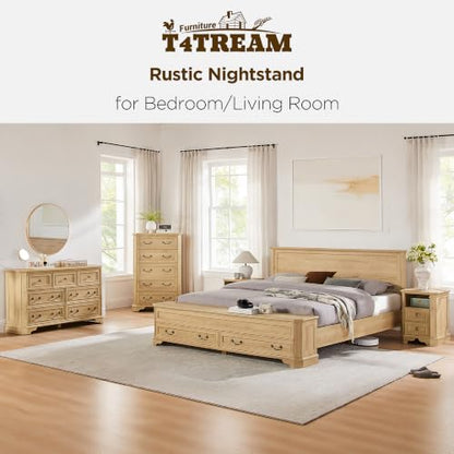 T4TREAM Farmhouse Nightstand with Charging Station, 18" End Table with 2 Drawers, Wood Side Table, Bedside Cabinet for Bedroom, Living Room (Natural Oak) - color: Natural Oak