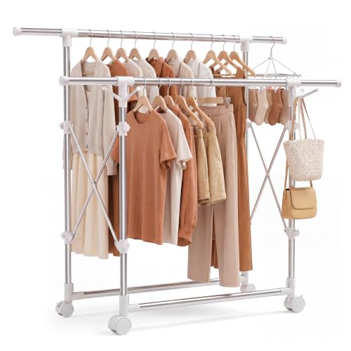 Clothes Drying Rack Foldable,Portable Laundry Collapsible | Folding Stainless Steel Standing Dry Rack for Outdoor Indoor Adjustable Double Rod with Wheels,Space Saving Rolling Dry Rack