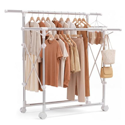 Clothes Drying Rack Foldable,Portable Laundry Collapsible | Folding Stainless Steel Standing Dry Rack for Outdoor Indoor Adjustable Double Rod with Wheels,Space Saving Rolling Dry Rack