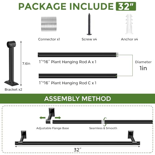 Plant Hanging Rod, 32 Inch Window Plant Hanger for Indoor Plants | Heavy Duty 1 Inch Metal Plant Rod for Window with Square Flange Base, Plant Shelves Wall Planters, Pot Not Included, Black - size: 32 Inch