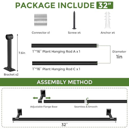 Plant Hanging Rod, 32 Inch Window Plant Hanger for Indoor Plants | Heavy Duty 1 Inch Metal Plant Rod for Window with Square Flange Base, Plant Shelves Wall Planters, Pot Not Included, Black - size: 32 Inch