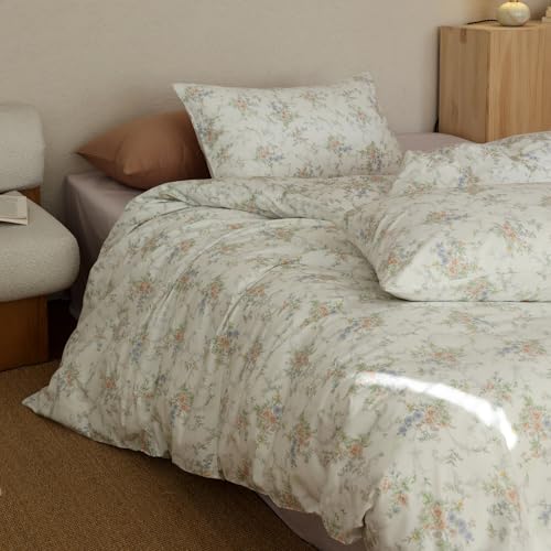 Floral Full Duvet Cover Cotton Boho Full Comforter Cover Zipper Farmhouse French Country Retro Duvet Cover Set with Corner Ties Cute Teen Bedding Set for Girls Duvet Protector - color: C Floral21, size: Full(Duvet Cover and 2 Pillows Sham)