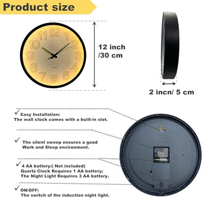 12 Inches Night Light Wall Clocks - with Silent Non-Ticking Glowing Function - Big Solid Numbers Easy to Read Both Day and Night - color: White/Black