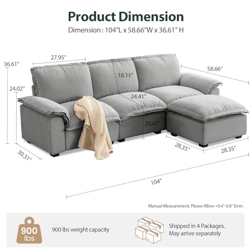 HALLYBEE Cloud Couch Sectional Modular Sofa for Living Room Grey | Modular Sectional Cloud Couch with Movable Ottoman, L-Shaped, 3-Seater, Chenille Fabric, Removable Cushion Covers, Apartment - color: Cloud Grey