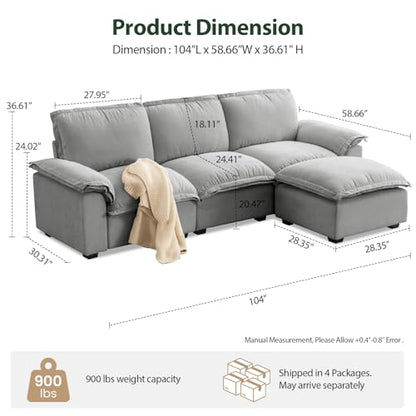 HALLYBEE Cloud Couch Sectional Modular Sofa for Living Room Grey | Modular Sectional Cloud Couch with Movable Ottoman, L-Shaped, 3-Seater, Chenille Fabric, Removable Cushion Covers, Apartment - color: Cloud Grey