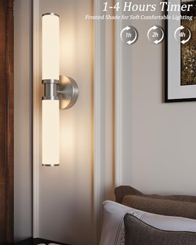 Rayogale Nickel Wireless Battery Operated Wall Sconces with Remote | White Glass Rechargeable Wall Lights Set of 2 with Timer Function Dimmable for Living Room Bedroom Emergency 3000K, 20.5 Inch - color: Nickel(White Lampshades)