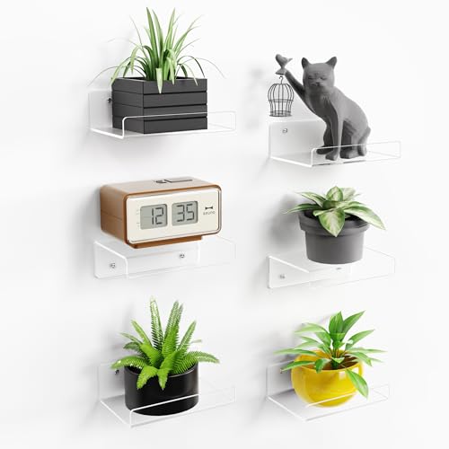 upsimples 6" Acrylic Shelves, Small Shelf for Wall Decor and Display, 6 Pcs | Small Floating Shelf for Plants, Speaker, Toys, Invisible Wall Display for Bathroom, Bedroom, Living Room, Room Décor - size: 6x4"