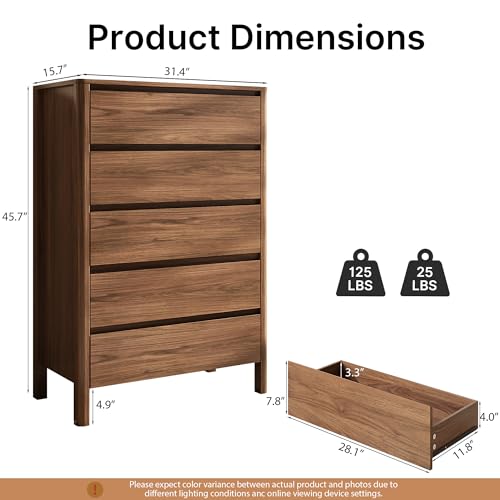 MAISONARIA Walnut 3-Piece Dresser Bedroom Set, 5 Drawers Dresser & 3 Drawer Nightstands with Hidden Handles, Wood Chest of Drawers for Bedroom, Living Room, Entryway - color: Walnut, size: 5+3