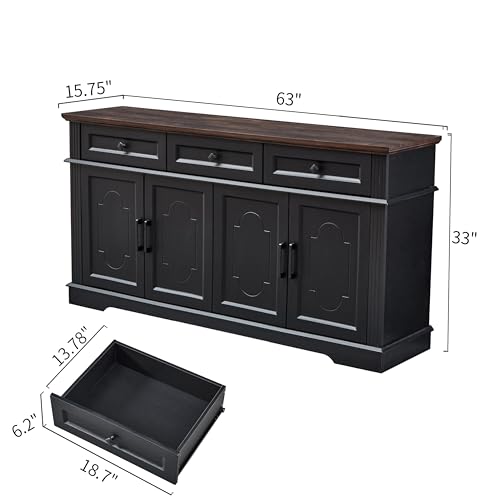 63" Black Buffet Sideboard Cabinet 4 Doors and 3 Drawers Storage Cabinet | Modern Farmhouse Kitchen Coffee Bar Cabinet with Adjustable Shelves, Living Room Storage, Dining Room - color: Black, size: 33"(H) x 63"(W) x 15.75"(D)