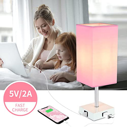 Touch Control Bedside Lamp - 3-Way Dimmable Table Lamps with USB C+A Port and Outlet, Nightstand Lamp for Bedroom Decor and Living Room,Pink