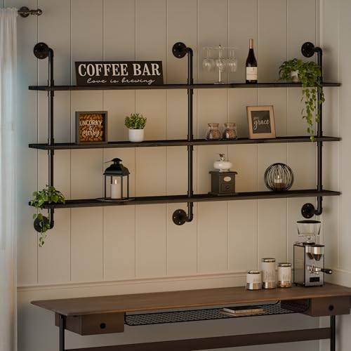 HDDFER Floating Shelves 70 inch Wall Bookshelf Industrial Pipe Shelving Shelves Real Wood Planks Rustic Wall Shelves Hanging Bookshelves Farmhouse Kitchen Bar Shelving - color: Black, size: 3Tier70in