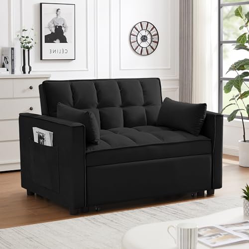55" Pull Out Sleeper Sofa, Velvet Loveseat with Side Pockets, Black | Velvet upholstery, 5-level adjustable back, Pull-out bed design, Sturdy frame with side pockets - color: Black