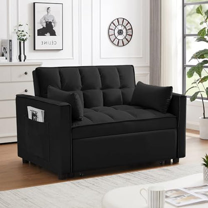 55" Pull Out Sleeper Sofa, Velvet Loveseat with Side Pockets, Black | Velvet upholstery, 5-level adjustable back, Pull-out bed design, Sturdy frame with side pockets - color: Black