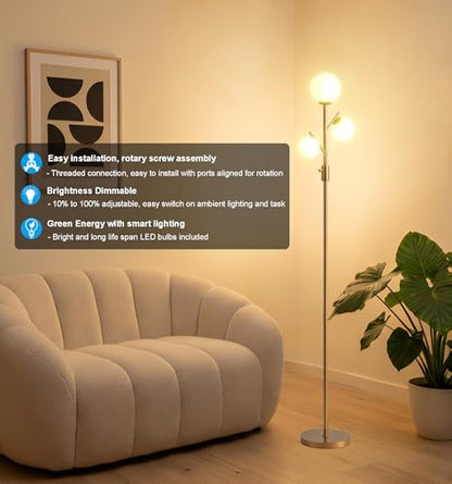 Fiqevs Mid Century Modern 3 Globe Tree Floor Lamp - Dimmable LED Standing Lamp with Bulbs, Warm Light for Living Room Bedroom Office - Antique Brass/Gold - color: 3 Globe Tree- Gold