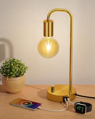 ONEWISH Industrial Table Lamp with 2 USB Port, Stepless Dimmable Nightstand Bedside Lamps for Bedroom,Desk Lamps with 2700K Gold Gradient Bulb for Reading Living Room - color: USB Gold 1 pack, size: USB