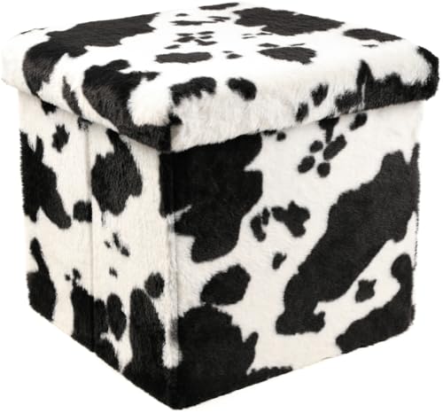 Luxe Faux Fur Storage Ottoman, Cowhide Black/White, 15 x 15 x 15 in | Engineered Wood, Tool-Free Assembly, Modern Style, Seat And Footrest - color: Cowhide Black/White, size: 15"D x 15"W x 15"H