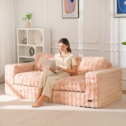 MAXYOYO 3-Seater Boneless Sofa Couch, Modern Bubbled Sofa for Living Room, Soft Bean Bag Chair High-Density Foam Couch with Pillows, No Assembly Required - color: Bubble Pink, size: 3 Seater
