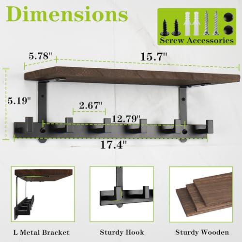 Coat Rack Wall Mounted with Shelf, Heavy Duty Wall Hooks with Wood Shelves Coat Hooks for Hanging Clothes Hats Towel Purse, Entryway Shelves with 6 Hooks for Bathroom (Dark Brown)