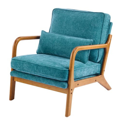 Karl home Mid-Century Modern Accent Reading Chair, Teal | Chenille Upholstered, Solid Wood Frame, Soft Cushion, Lumbar Pillow, Lounge Armchair for Living Room, Bedroom, Balcony, Study - color: Chenille Teal