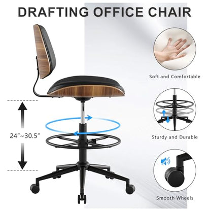 Drafting Chair with Adjustable Footrest, Rolling Walnut Stool, Black | Armless Tall Swivel Stool for Standing Desk, PU Leather Curved Bentwood, Rolling for Office & Art Studio, 300LBS Capacity - color: Black