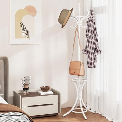 Giantex Solid Wood Coat Rack, Freestanding Hall Tree w/12 Hooks, Umbrella Holder, Entryway Hanger Stand for Coat, Hats, Scarves, Bags, Wooden Garment Rack for Bedroom, Hallway (White) - color: White