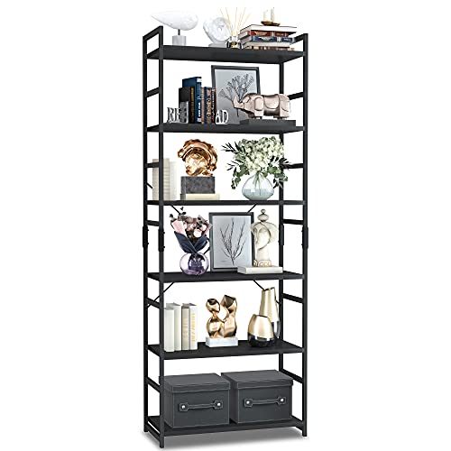 NUMENN 6 Tier Bookshelf, Tall Freestanding Open Storage Bookcase, Black | Storage Organizer with Metal Frame & Wood Shelves, Support Bars & Adjustable Feet for Bedroom, Living Room & Home Office - color: Black, size: 6 Tier