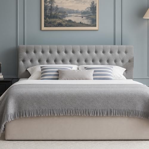 Tufted Upholstered Full Size Bed Headboard in Modern Button Design, Adjustable Solid Wood Head Board, Premium Linen Fabric Padded Headboards in Bedroom (Grey) - color: Gray, size: Full
