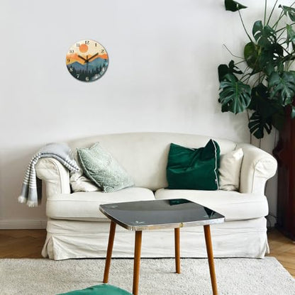 Forests and Sun Wall Clocks Battery Operated, 12" Round Clock | Non Ticking Decorative Clock, Ocean Pattern Glass Design for Living Room, Kitchen, Bedroom & Bathroom Decor - style: Forests and Sun