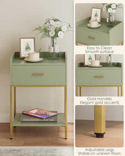 Masupu Nightstand,Bedside Table 3-Tier Modern Night Stand with Storage Drawer and Shelf,Small End Side Table for Bedroom,Living Room,Black (Without Outlet, Green) - color: Green