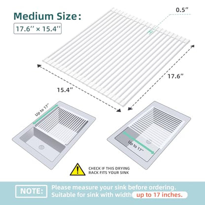 Ohuhu Over Sink Dish Drying Rack, 17.6" W x 15.4" L Roll Up Dish Racks Kitchen Sink Organizer Silicone Wrapped Large in Sink Dish Drying Rack Foldable Rolling Drain Mats Anti-Slip - color: White, size: 17.6"W x 15.4"L