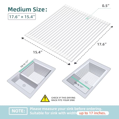 Ohuhu Over Sink Dish Drying Rack, 17.6" W x 15.4" L Roll Up Dish Racks Kitchen Sink Organizer Silicone Wrapped Large in Sink Dish Drying Rack Foldable Rolling Drain Mats Anti-Slip - color: White, size: 17.6"W x 15.4"L