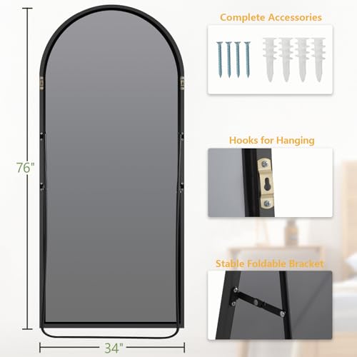 MELOMOIR 76"x34" Large Mirror Full Length, Arched Full Length Mirror with Stand, Large Floor Mirror Free Standing Mirror Full Length for Bedroom, Hanging Standing or Leaning Full Body Mirror, Black | HD Shatterproof Tempered Glass, Aluminum Alloy Frame, A